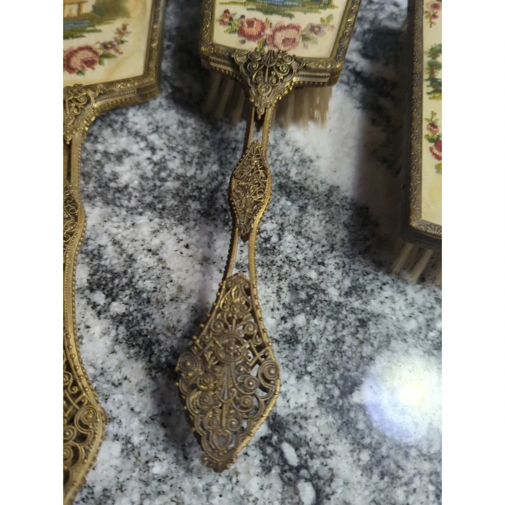Vintage Floral Tapestry Back Gold Filigree Mirror & 2 Brush Vanity Set